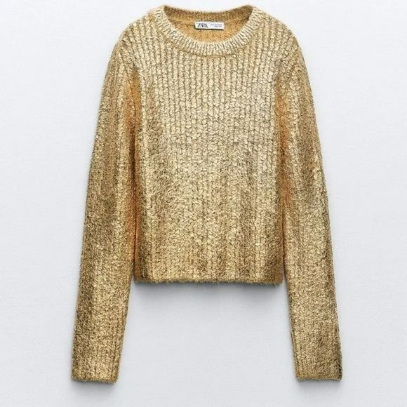 BLOGGER’S FAVE | NWT ZARA GOLD METALLIC SHIMMER CRACKLED KNIT SWEATER - Picture 8 of 11